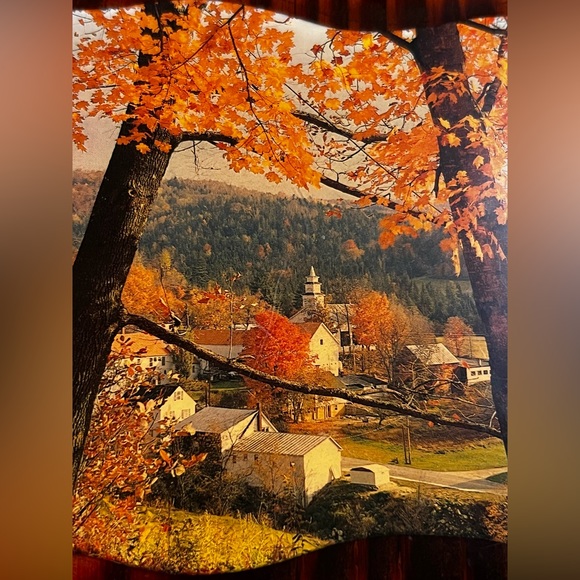 Vintage 60s Decoupage Country Church Solid Wood Fall Scenery Farmhouse Plaque - Picture 6 of 10